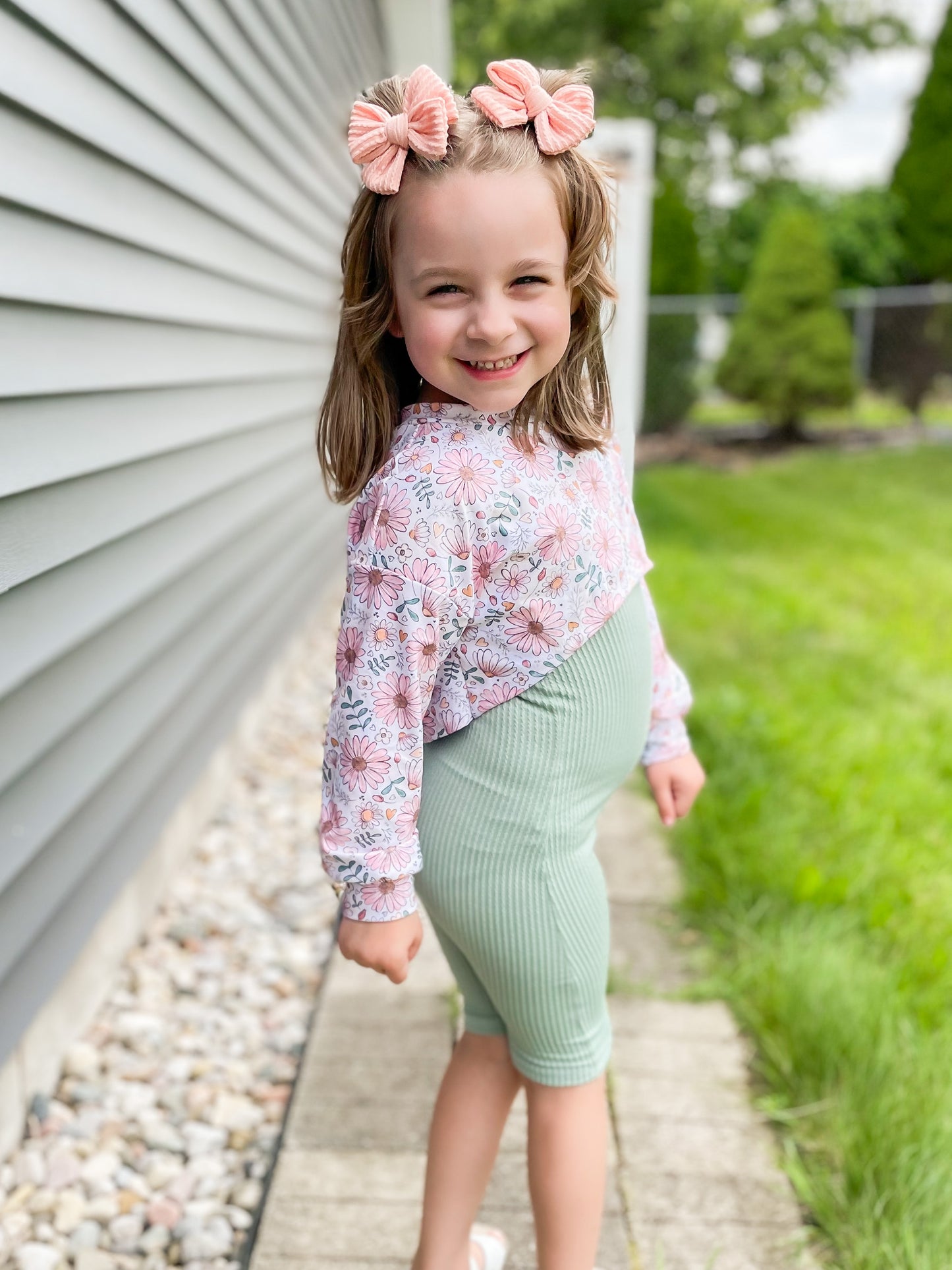 Sketchy Floral Honey Top OR Sage Wavy Ribbed Ollie Romper